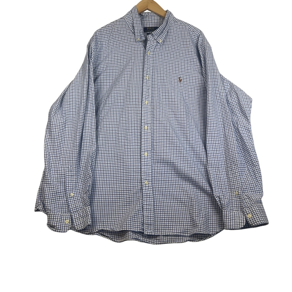 Polo Ralph Lauren Mens XXL Classic Fit Blue White Check Cotton Button Down Shirt